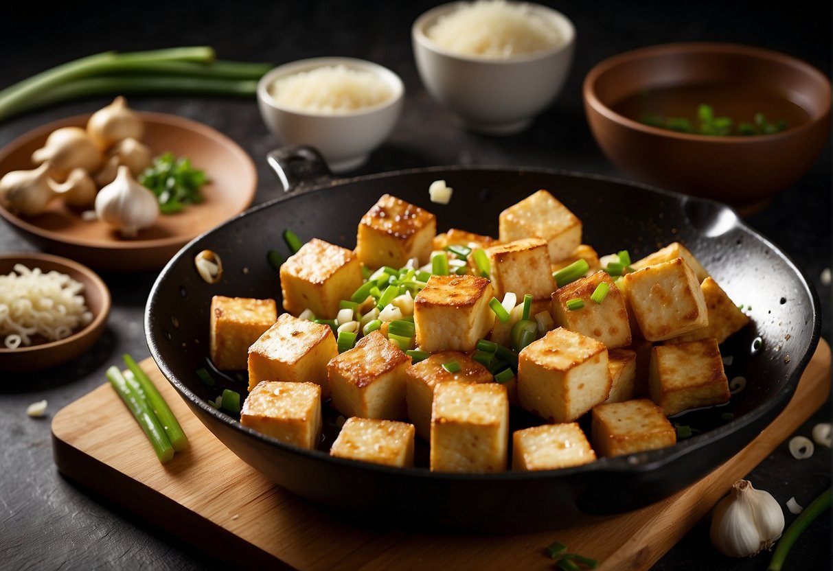 Golden cubes of fried tofu sizzle in a wok, surrounded by garlic, ginger, and green onions. A drizzle of soy sauce adds a glossy finish