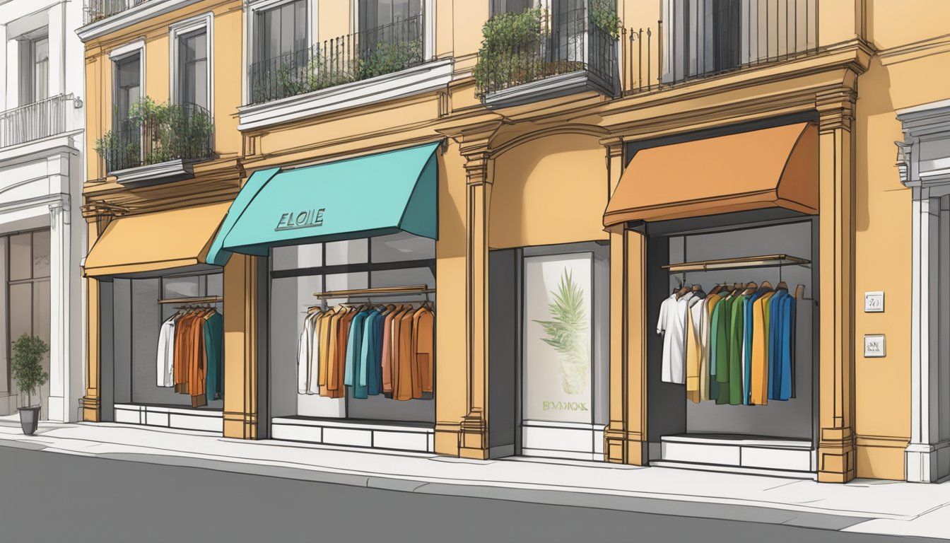 A modern storefront with sleek, eco-friendly materials and a display of high-end Spanish clothing brands. Sustainable practices evident in the design