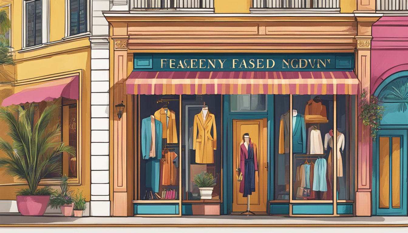 A stylish storefront with "Frequently Asked Questions" in bold letters, showcasing luxury Spanish clothing brands. Vibrant colors and elegant designs catch the eye