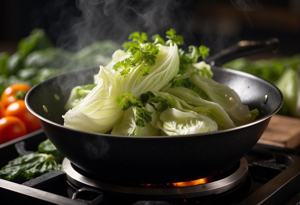 Chinese cabbage sizzling in a hot wok with garlic, ginger, and soy sauce. Steam rising as it is tossed and stir-fried to perfection