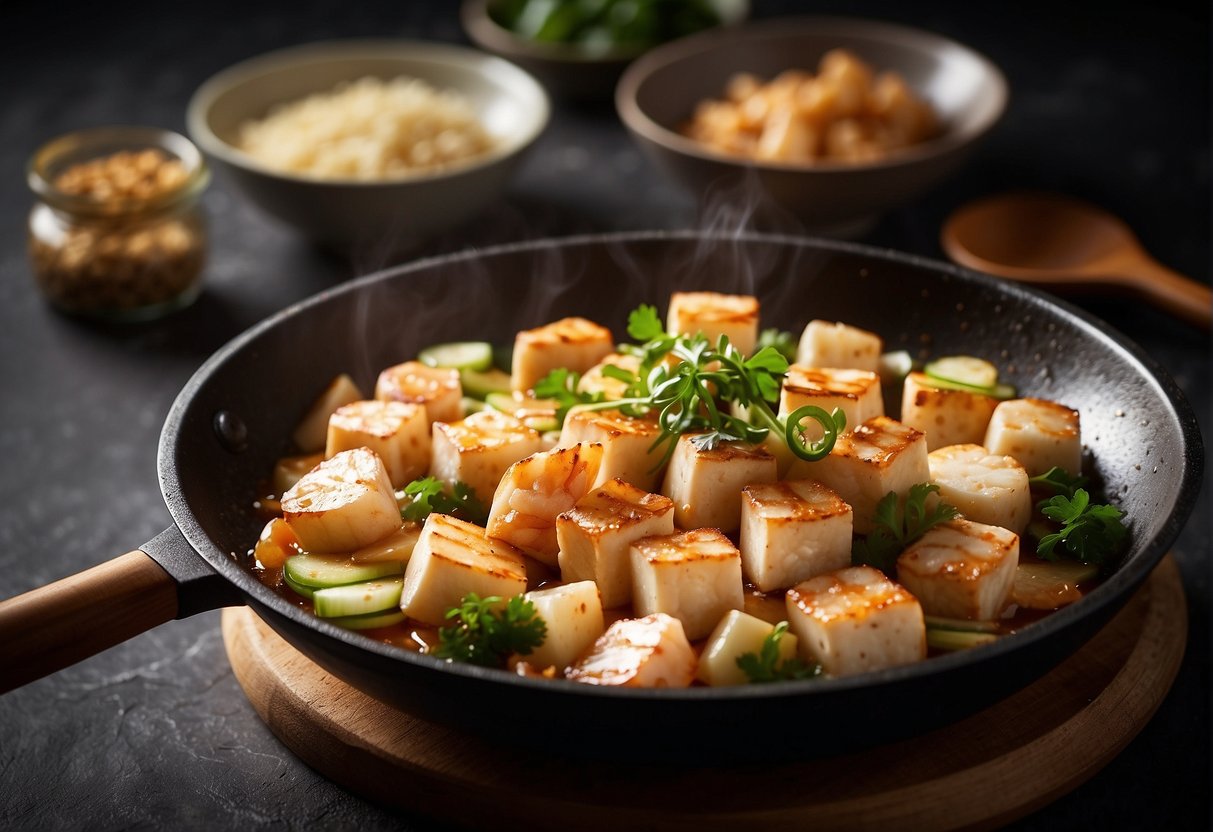 Sliced tofu sizzling in a hot wok with marinated shrimp, garlic, and ginger. Aromatic steam rising as the ingredients are stir-fried together