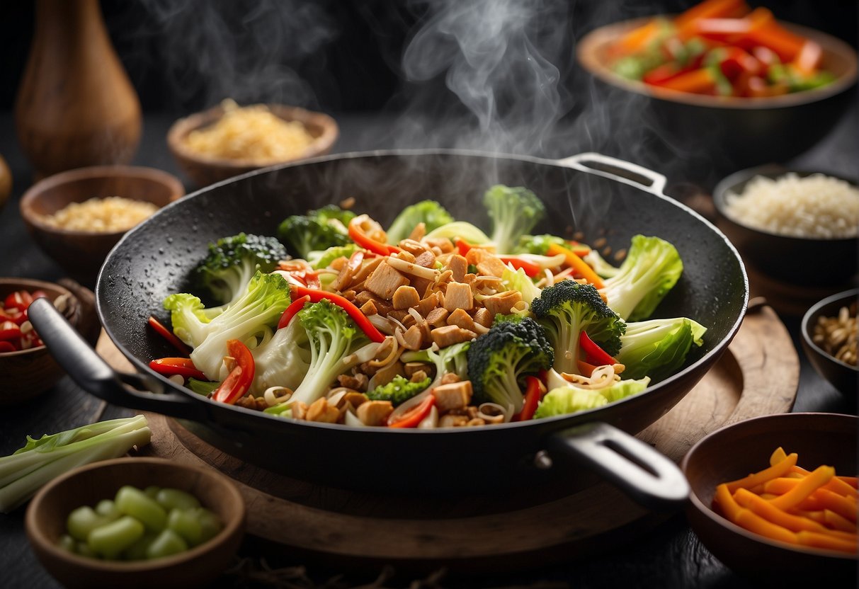 A sizzling wok filled with Chinese cabbage stir fry, surrounded by various colorful and aromatic ingredients like ginger, garlic, and soy sauce