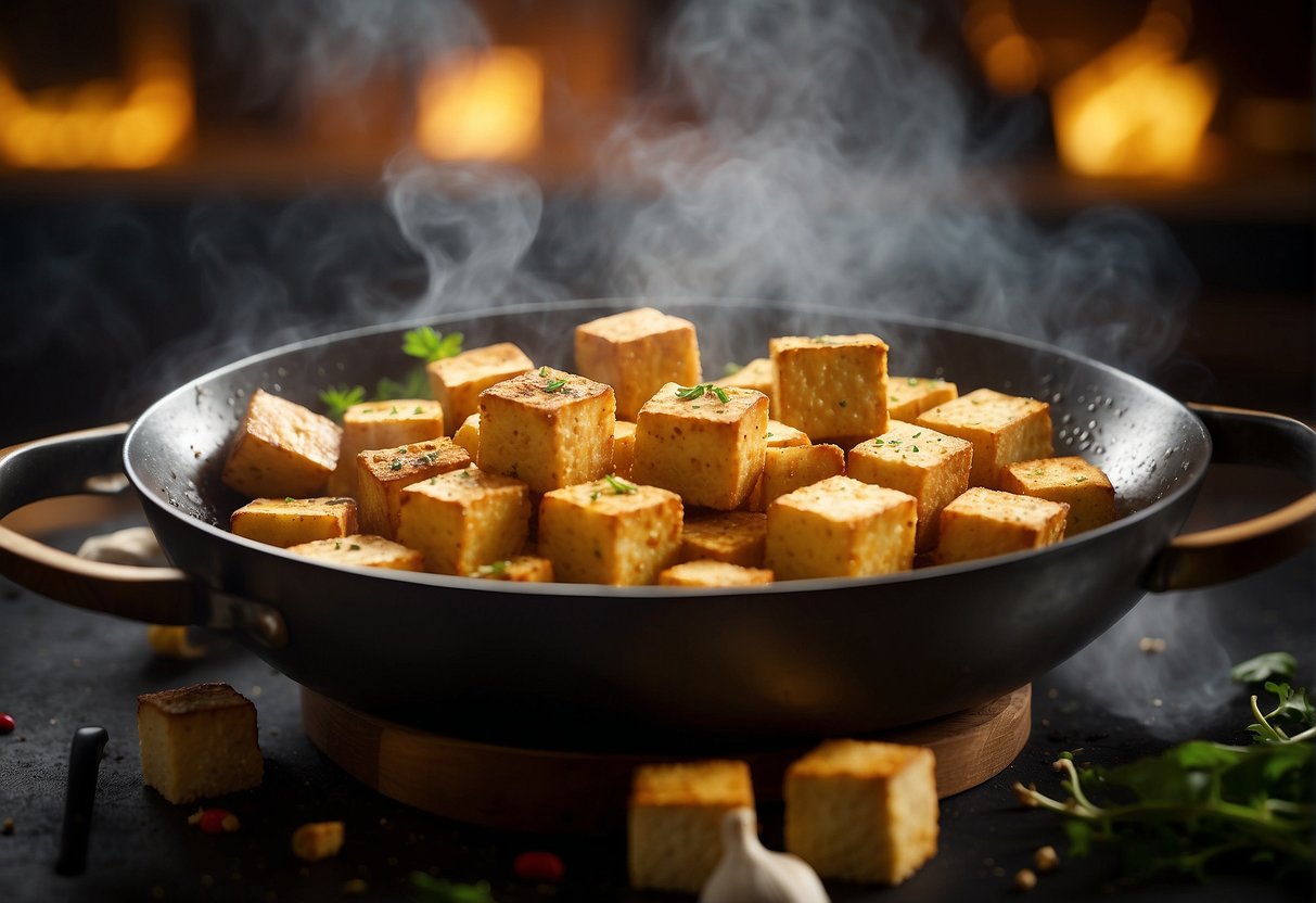 Golden cubes of fried tofu sizzle in a wok with aromatic Chinese spices and seasonings. A cloud of steam rises as the tofu absorbs the rich flavors