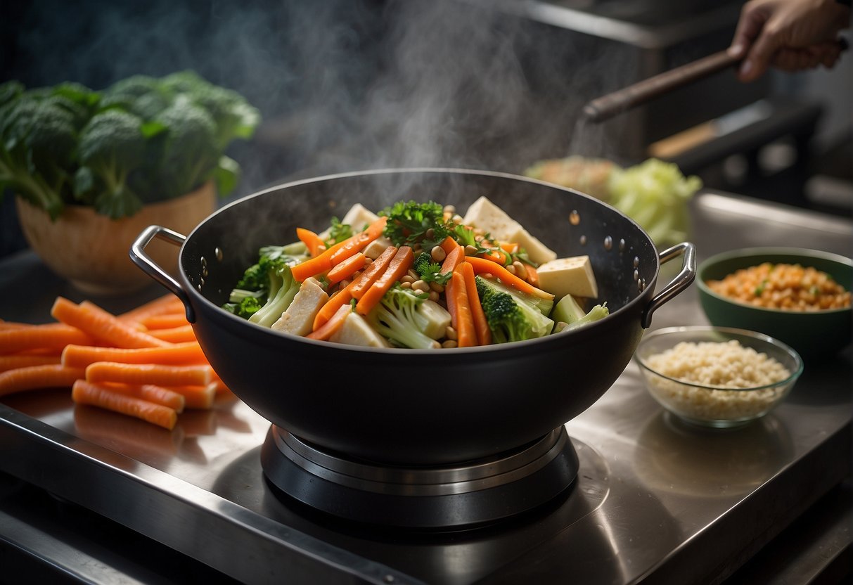 A wok sizzles as Chinese cabbage, carrots, and tofu are stirred in a savory sauce. A table displays ingredients with nutritional labels
