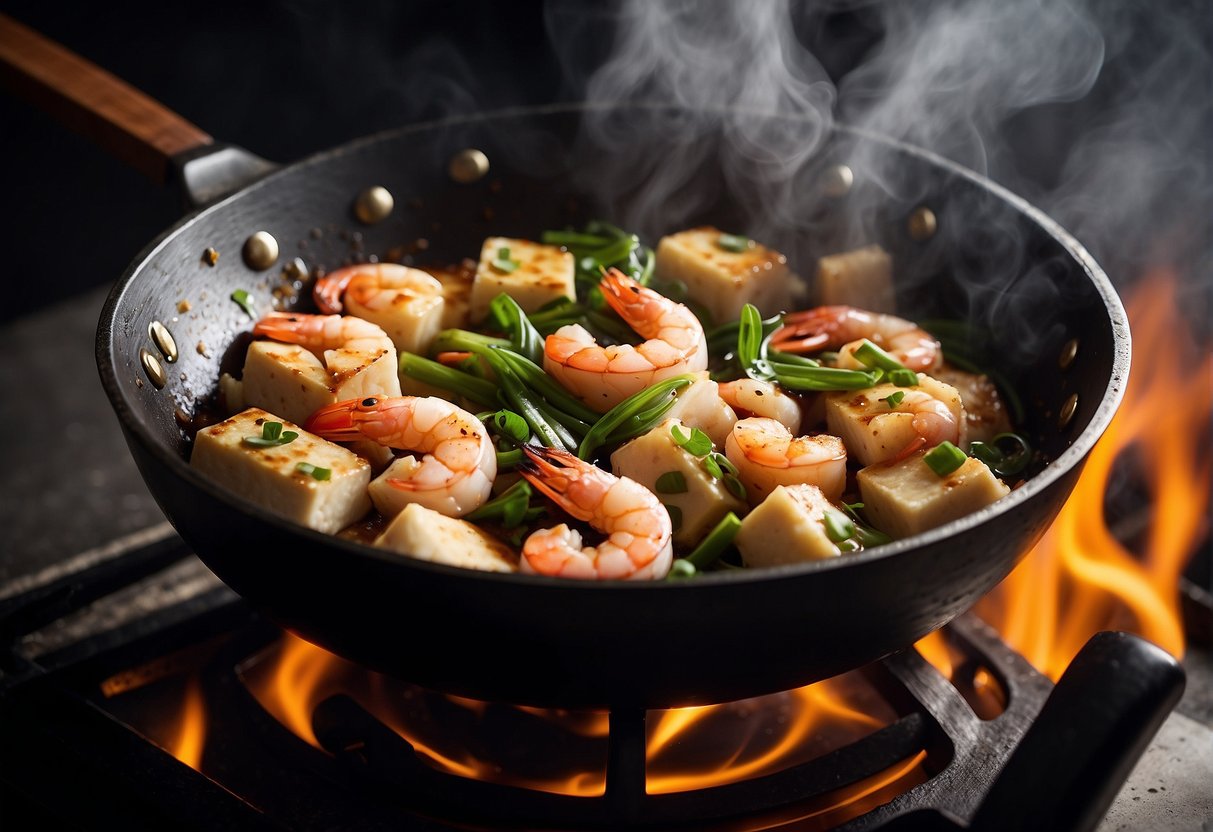 Tofu and shrimp sizzling in a wok with ginger, garlic, and soy sauce. Steam rising, creating a savory aroma