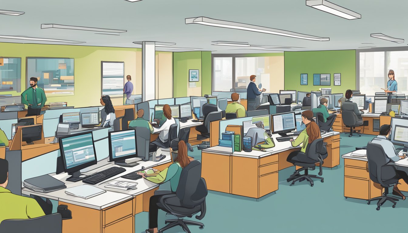 A bustling office with employees answering calls and typing on computers. A sign on the wall reads "Frequently Asked Questions Spectrum Brands Middleton WI."