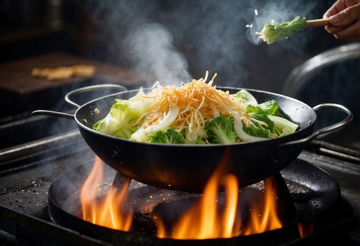 A wok sizzles with Chinese cabbage, garlic, and soy sauce. Steam rises as the ingredients are tossed together over a high flame