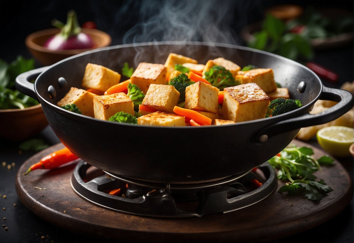 Golden cubes of fried tofu sizzle in a wok, surrounded by vibrant vegetables and aromatic spices, creating a mouthwatering Chinese dish