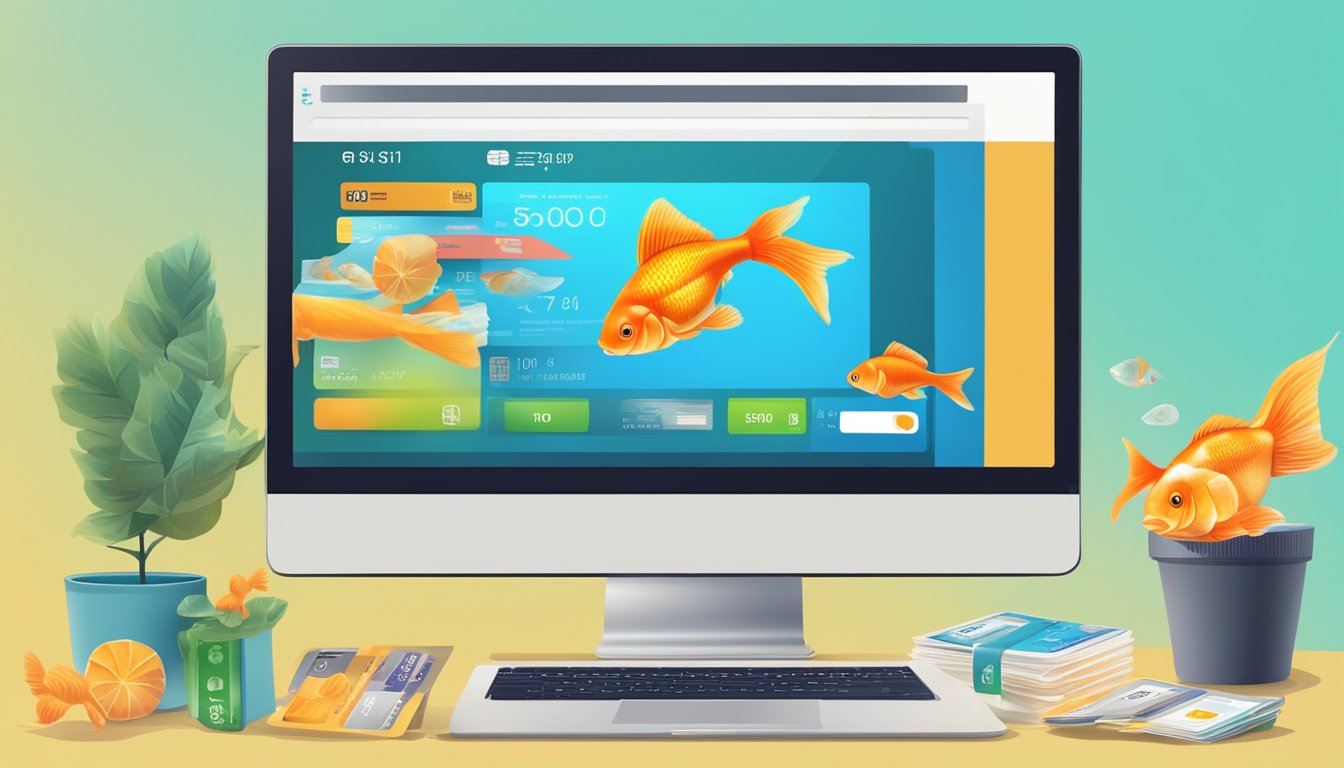 A computer screen displaying a website with images of colorful goldfish for sale, a credit card being used for payment, and a shipping address in Singapore