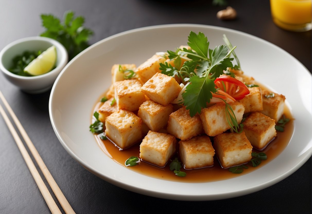 Fried tofu and shrimp dish presented on a white plate with garnishes