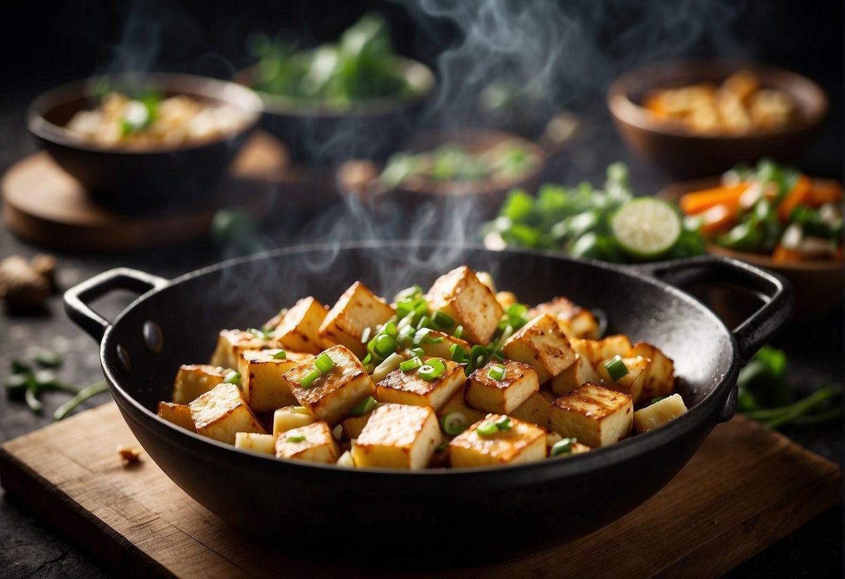 A sizzling wok fries cubes of tofu with aromatic garlic, ginger, and scallions, creating a savory Chinese dish rich in protein and flavor