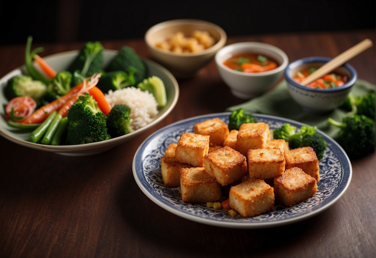 A plate of fried tofu and shrimp with Chinese seasonings, accompanied by a side of steamed vegetables