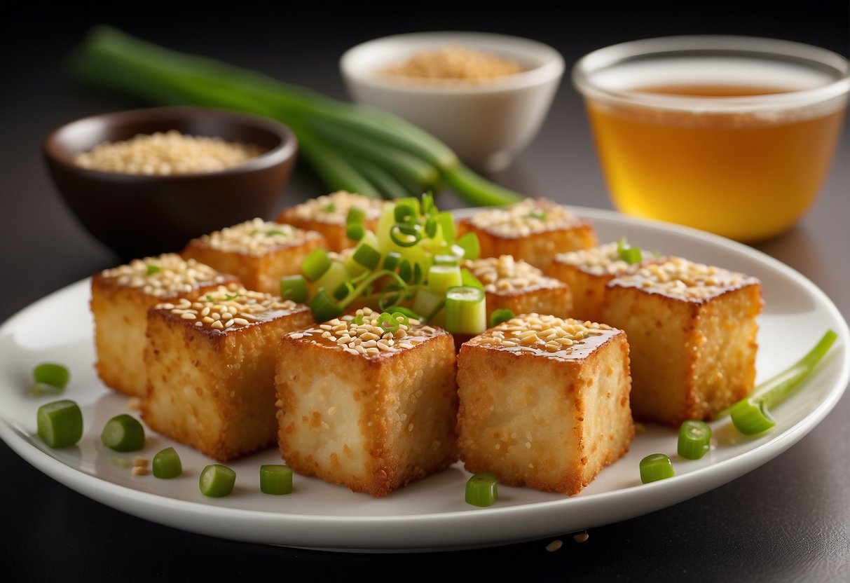 Golden brown cubes of fried tofu arranged on a white plate with a side of dipping sauce, garnished with sliced green onions and sesame seeds