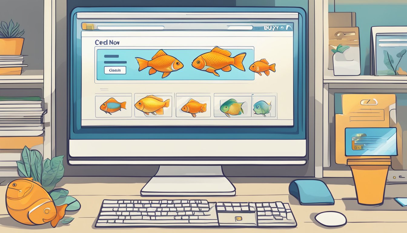 A computer screen displaying various goldfish options with a "buy now" button. A credit card sits nearby, ready for purchase
