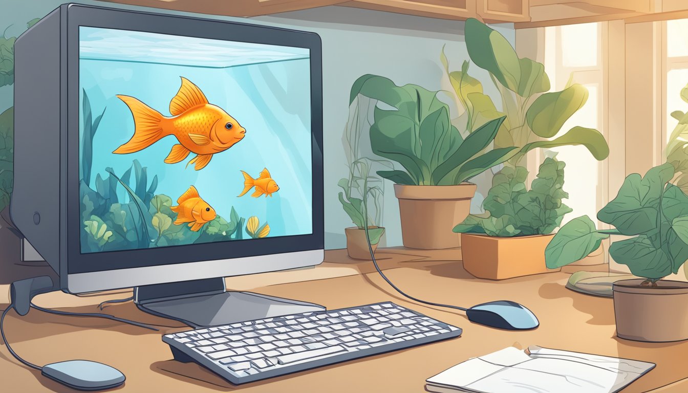 A hand reaches for a computer mouse, clicking "buy now" on a goldfish website. A new fish tank sits nearby, ready for its new inhabitants