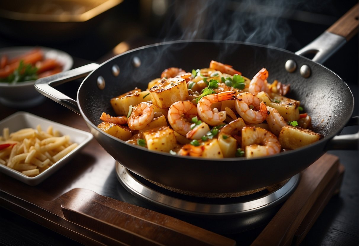 A sizzling wok fries tofu and shrimp in a fragrant Chinese kitchen