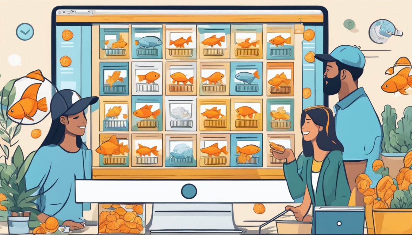 Customers browsing a website, selecting goldfish, and adding them to their online shopping cart