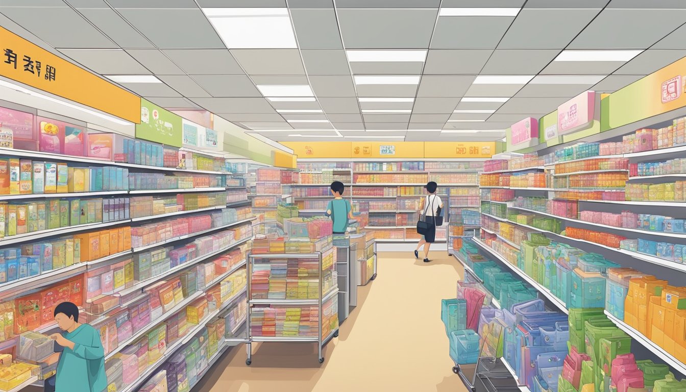 A bustling Daiso store in Singapore, filled with colorful merchandise and busy shoppers. Shelves are stocked with a variety of products, from household items to stationery