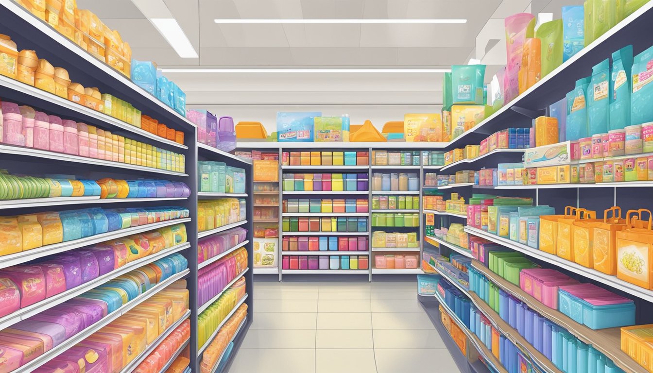 A colorful display of must-have items at Daiso Singapore, including stationery, kitchenware, and home decor. Bright packaging and neatly arranged shelves showcase the best buys available