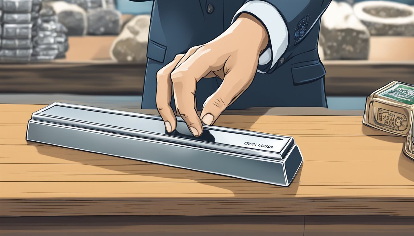A hand reaches for a gleaming platinum bar in a Singaporean market