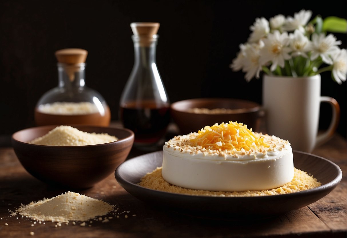 A wooden table with a mixing bowl, flour, sugar, eggs, and a bottle of vanilla extract. A recipe book open to a page titled "Essential Ingredients Chinese Cake Recipe"