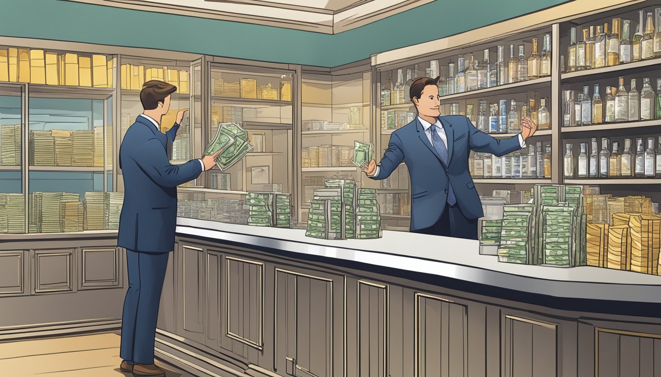 A person in a suit hands over cash to a clerk behind a counter in exchange for a platinum bar. The clerk holds up the bar, displaying its shine and weight