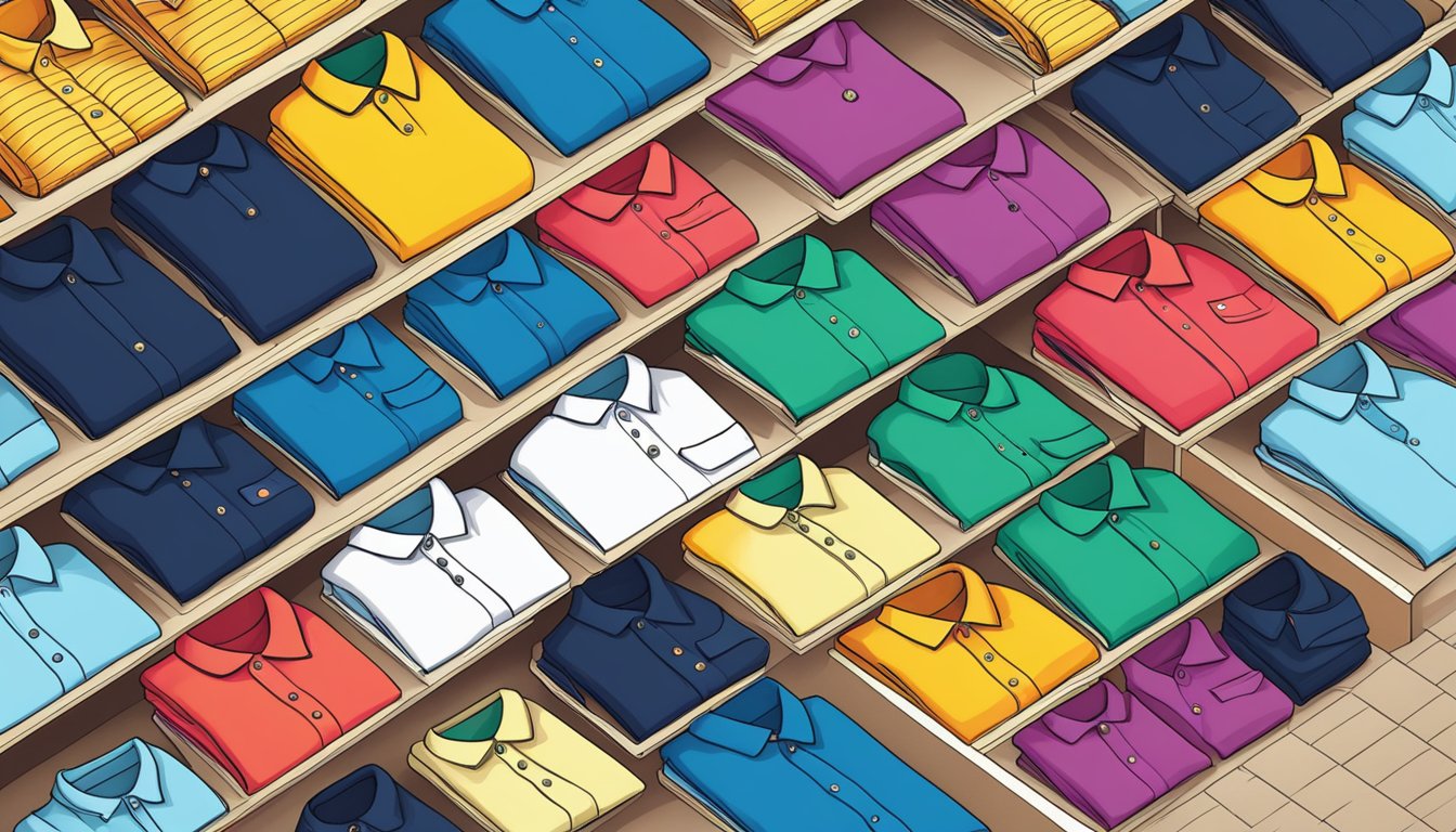 A colorful array of polo shirts displayed on a clean, well-lit shelf. Various sizes and patterns available for online purchase