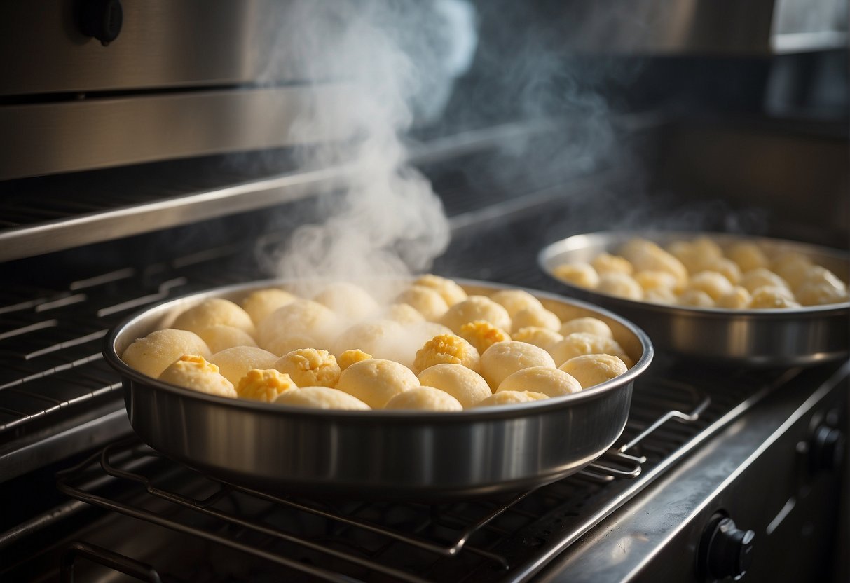 A steaming basket filled with Chinese cake batter, while an oven bakes another batch