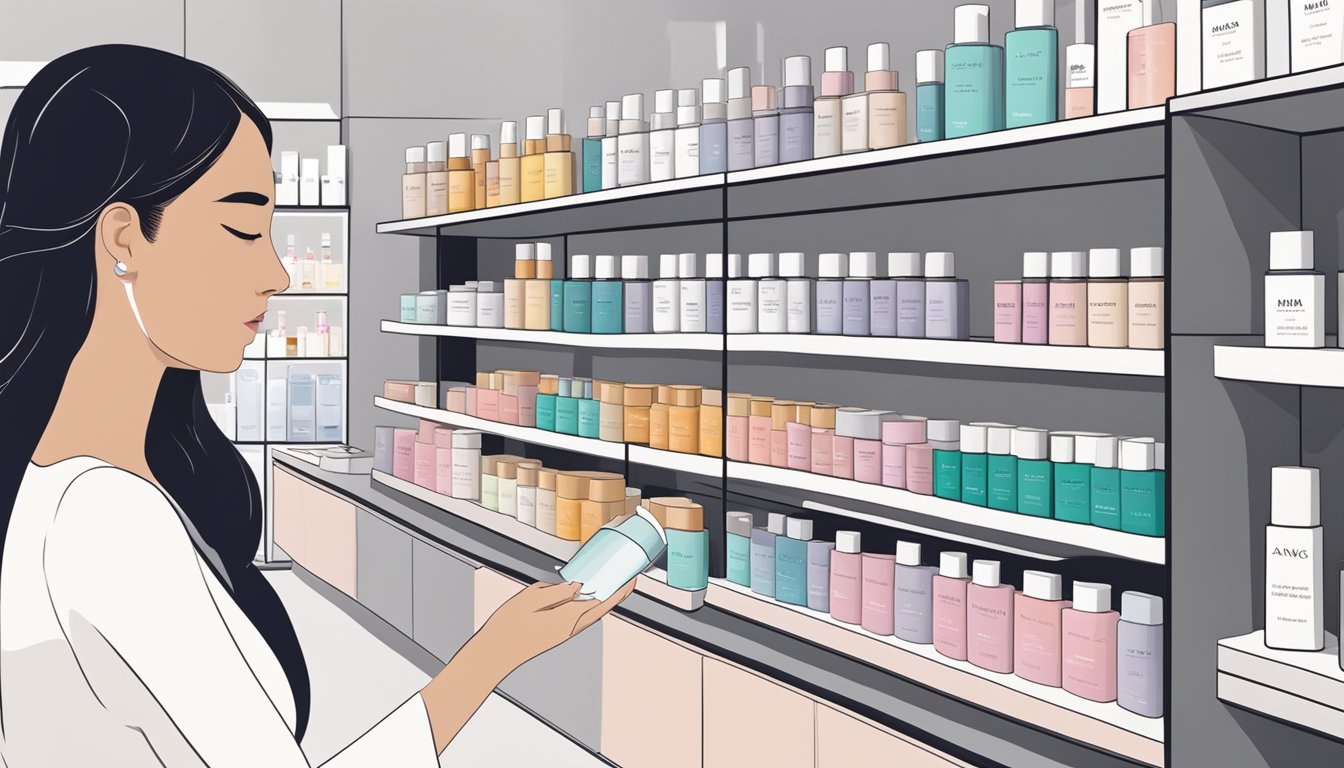 A woman in Singapore purchases Hanacure at a modern skincare boutique. The product is displayed on a sleek shelf next to other luxury skincare items