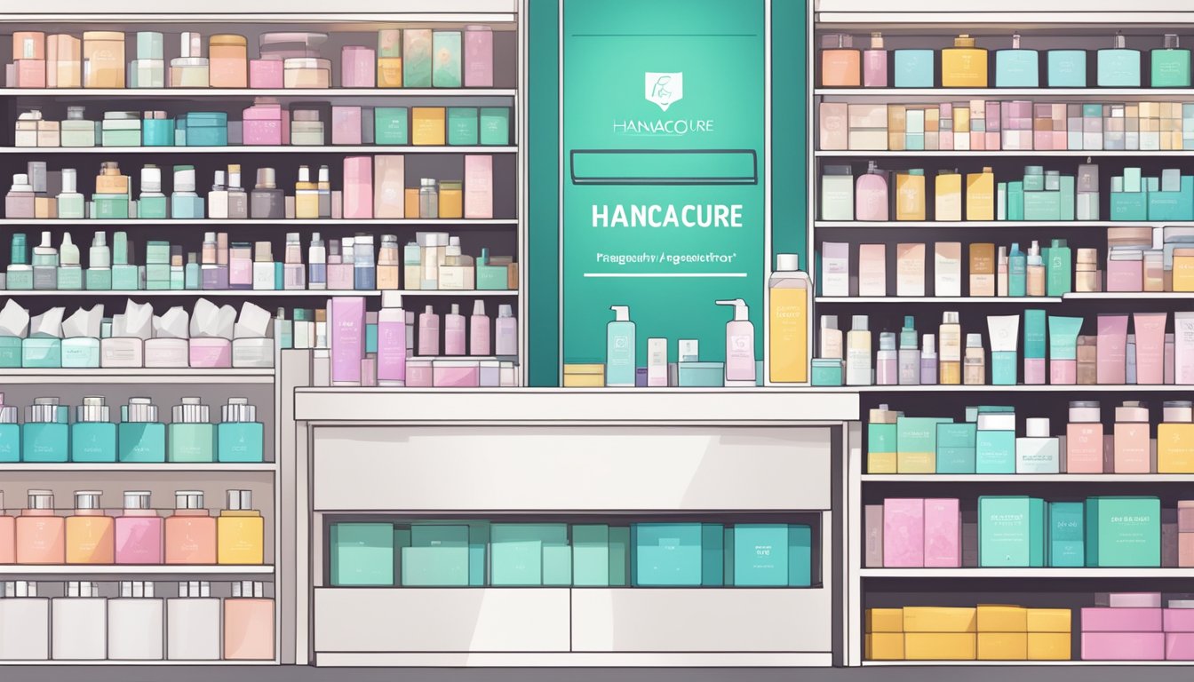A stack of hanacure skincare products with a "Frequently Asked Questions" banner in a modern Singaporean beauty store