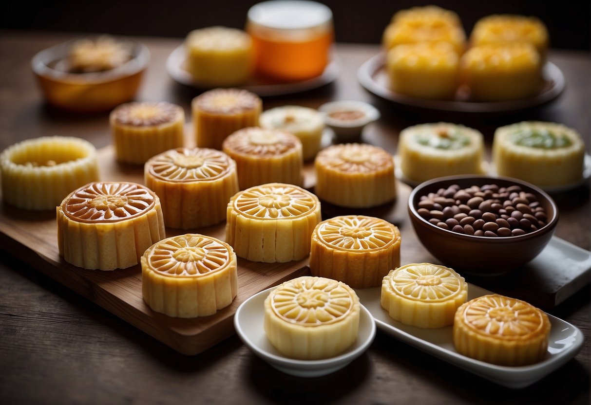A table filled with various Chinese cakes: mooncakes, pineapple cakes, and red bean cakes, along with ingredients like lotus seed paste and sweet bean paste