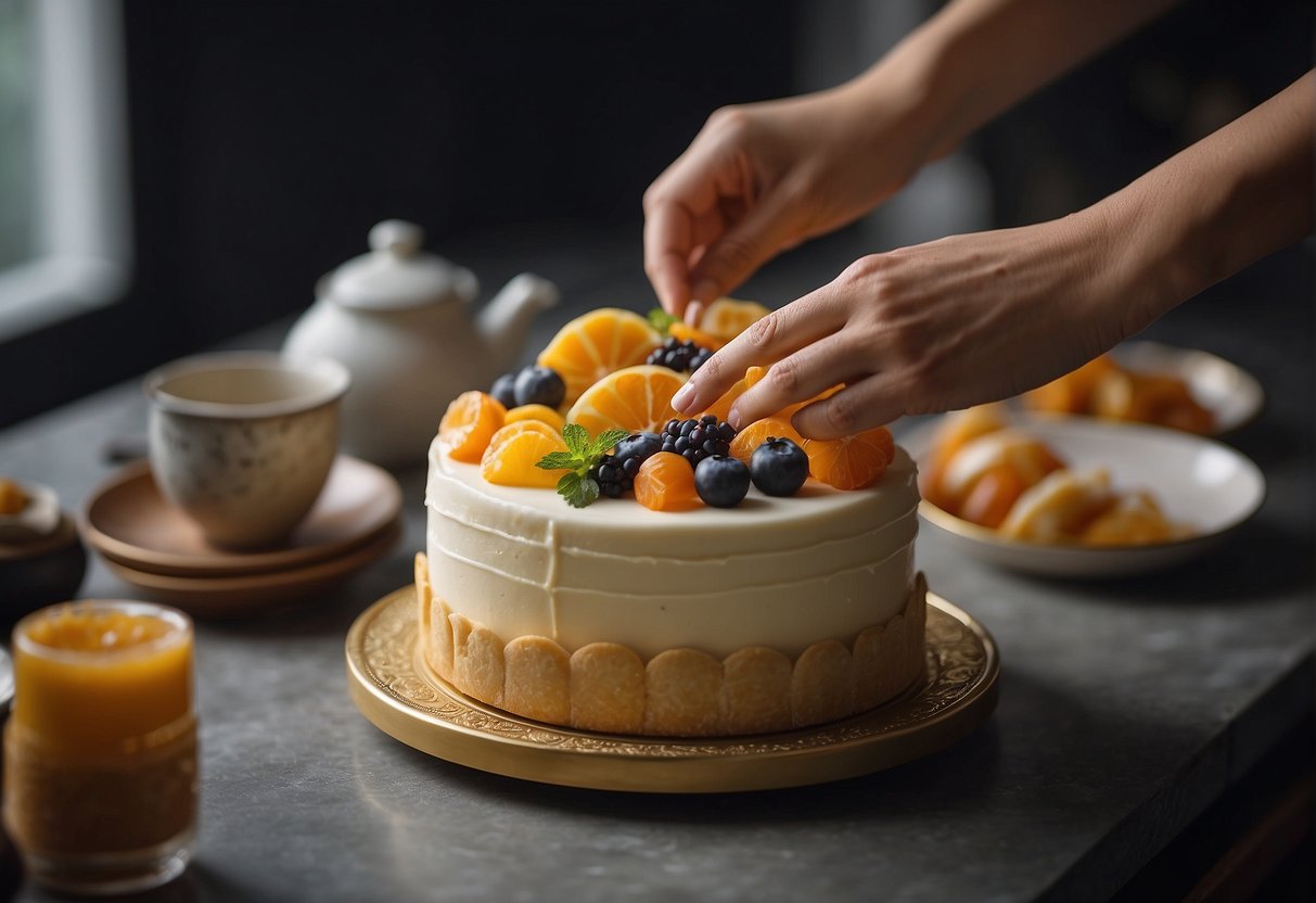 A hand reaches for a delicate Chinese cake, placing it in a decorative box. Ingredients and utensils are neatly organized on the counter