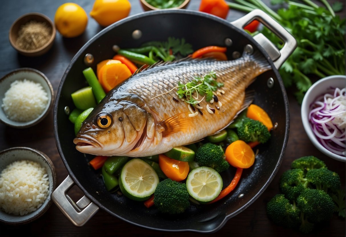 A whole fish sizzling in a wok with ginger, garlic, and soy sauce, surrounded by colorful vegetables and garnished with fresh herbs