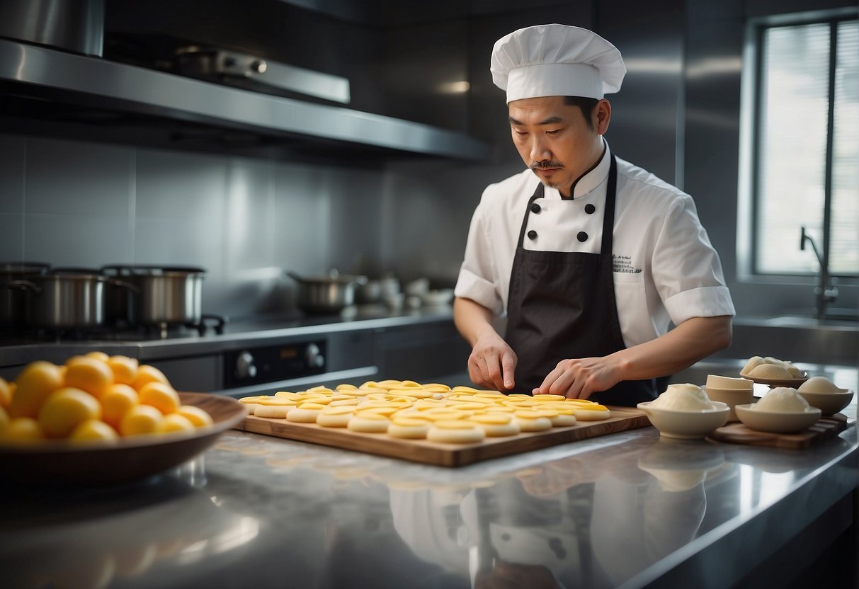 A chef prepares traditional Chinese cake ingredients and tools on a clean kitchen counter