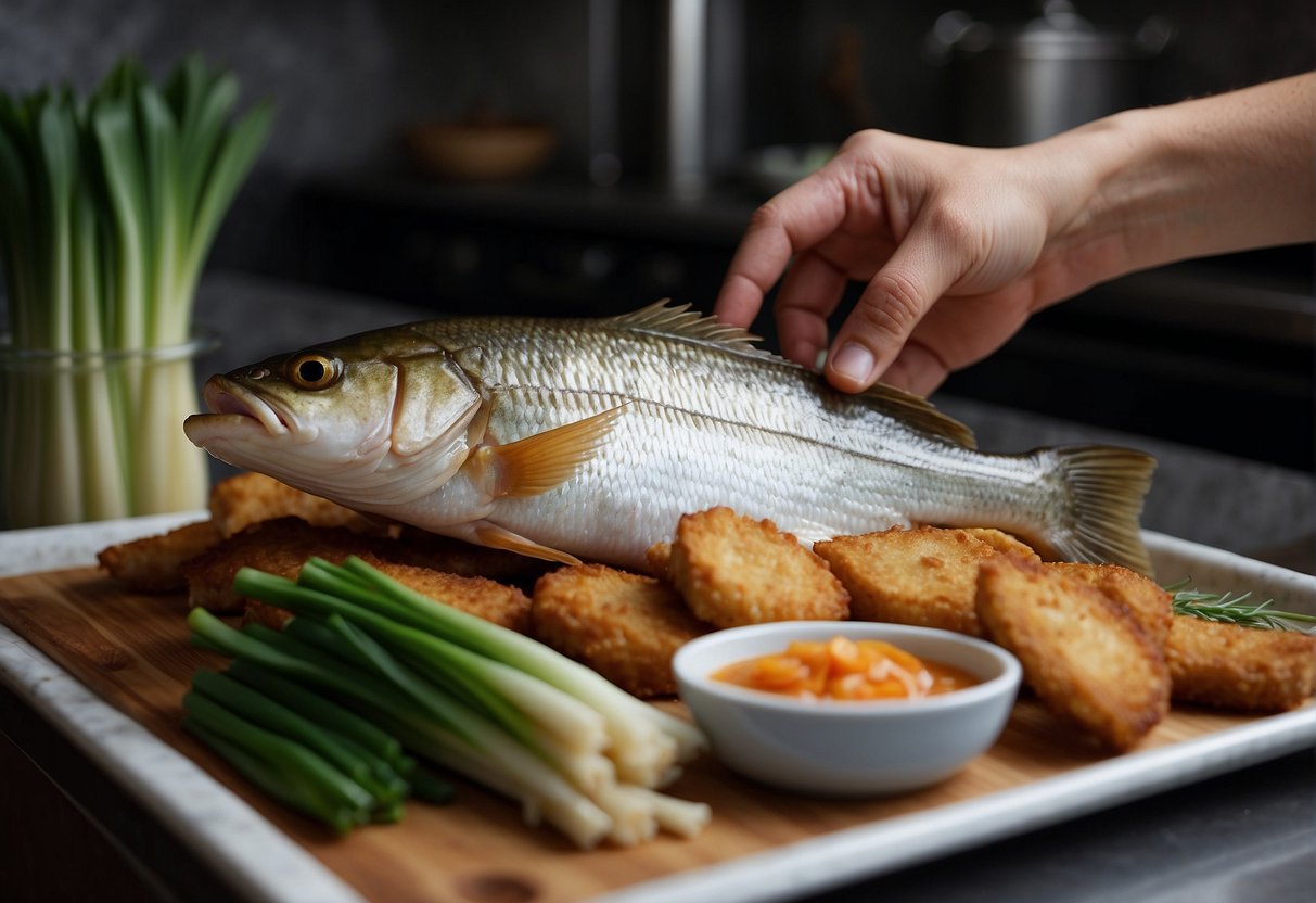 A hand reaches for a whole fish, ginger, and green onions on a kitchen counter. A recipe book titled "Chinese-style Fish Fry" is open nearby