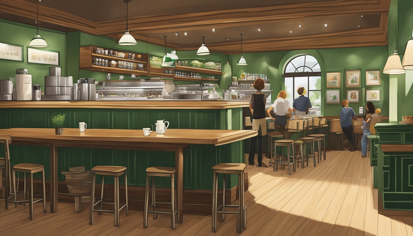 A bustling Starbucks cafe with a warm, inviting atmosphere. The aroma of freshly brewed coffee fills the air as customers chat and enjoy their drinks. The iconic green and white logo is prominently displayed, creating a sense of familiarity and comfort