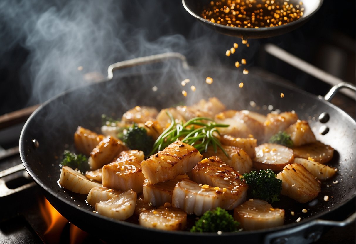 A wok sizzles with hot oil as a chef tosses marinated fish fillets with ginger, garlic, and soy sauce, creating a fragrant cloud of steam