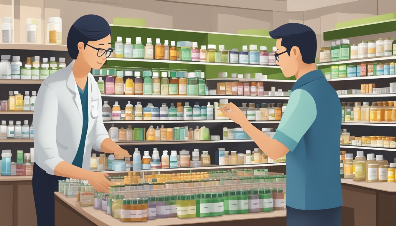 A pharmacist in Singapore dispenses homeopathic medicine to a customer, with shelves of various remedies in the background
