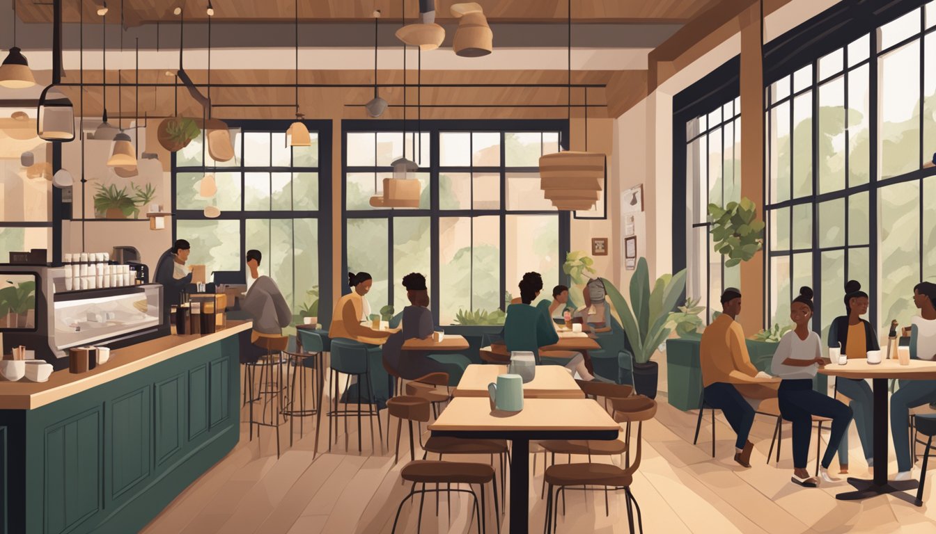 A cozy coffee shop with earthy tones, modern decor, and the aroma of freshly brewed coffee. Tables filled with people chatting and working, all enjoying their favorite Starbucks beverages