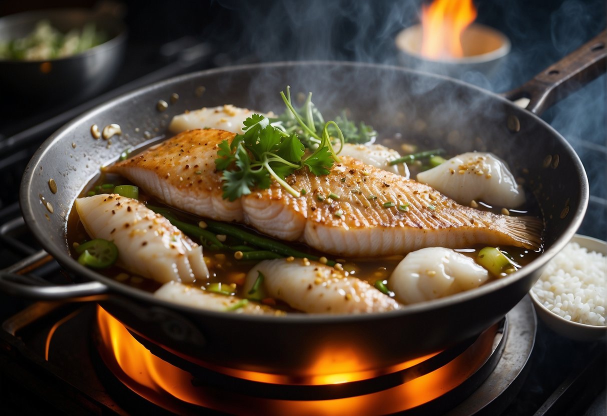 Fish sizzling in hot oil, surrounded by ginger, garlic, and scallions in a wok. Steam rising, and the fish turning golden brown