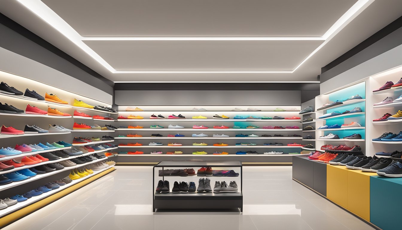 Top sport shoe brands displayed in a Singaporean store. Brightly lit shelves showcase the latest models from popular brands
