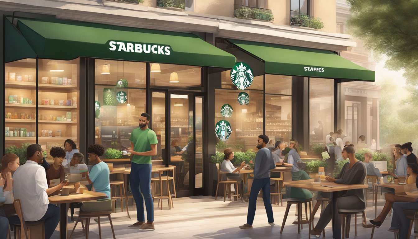 A bustling Starbucks cafe with the iconic green logo prominently displayed, as customers engage with the brand through social interactions and personalized experiences