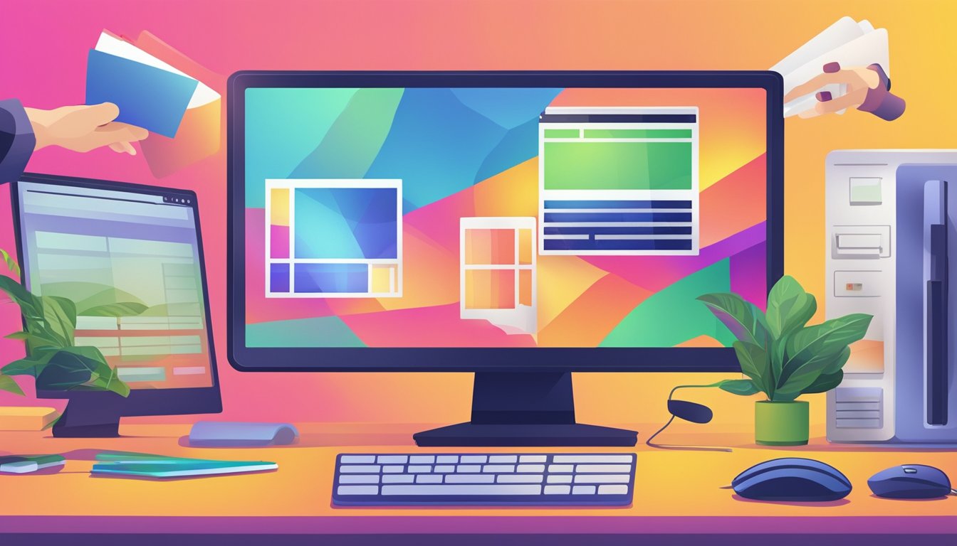 A computer screen displaying a variety of vibrant, high-quality images. A hand reaching for a mouse to click on the "buy" button