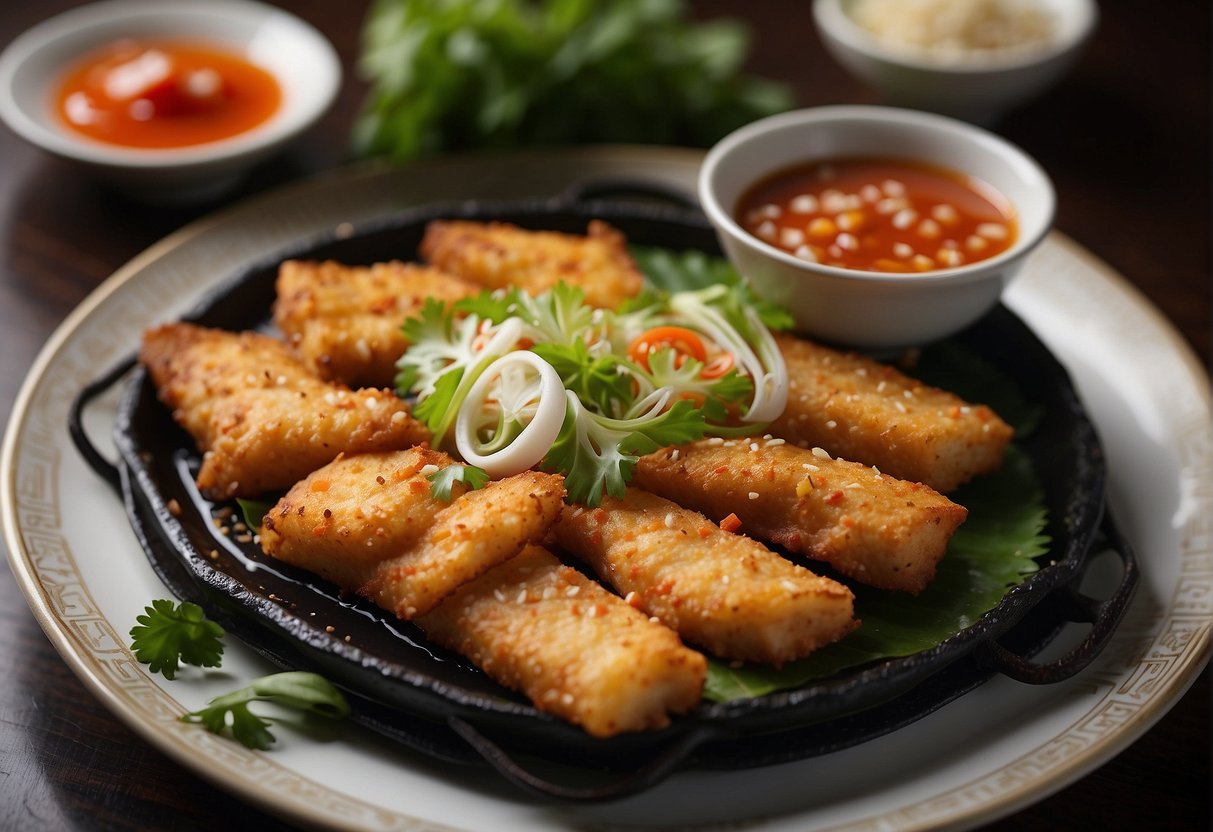 A sizzling hot plate of Chinese-style fried fish is elegantly presented with garnishes and sauce, ready to be served
