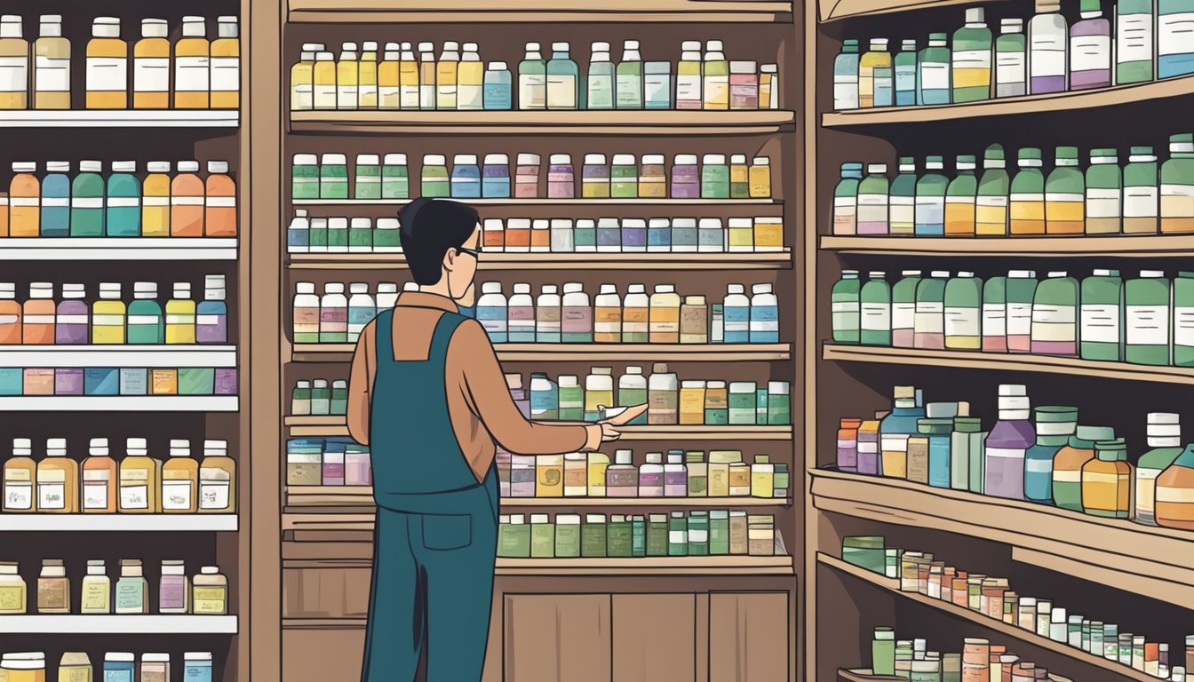 A customer selects homeopathic medicine from shelves at a store in Singapore