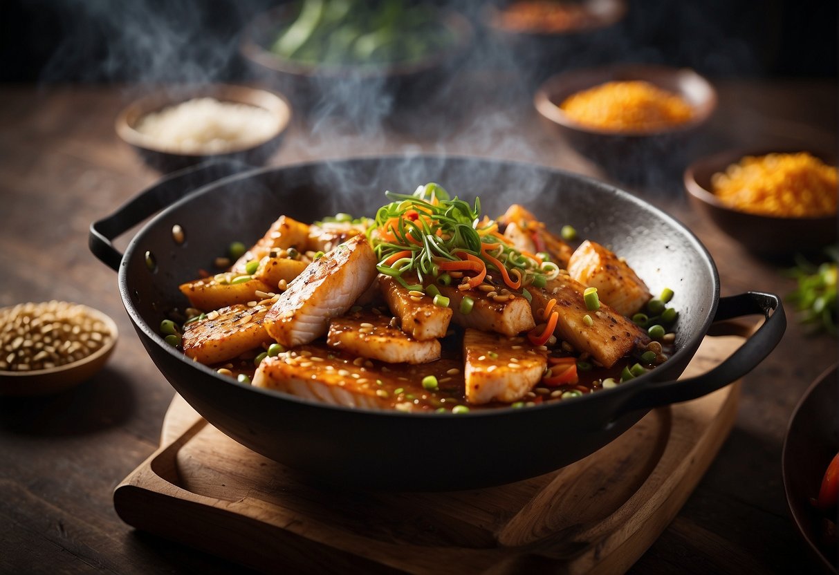 A sizzling wok with golden-brown fish fillets, surrounded by vibrant Chinese spices and herbs, emitting an aromatic and mouthwatering fragrance