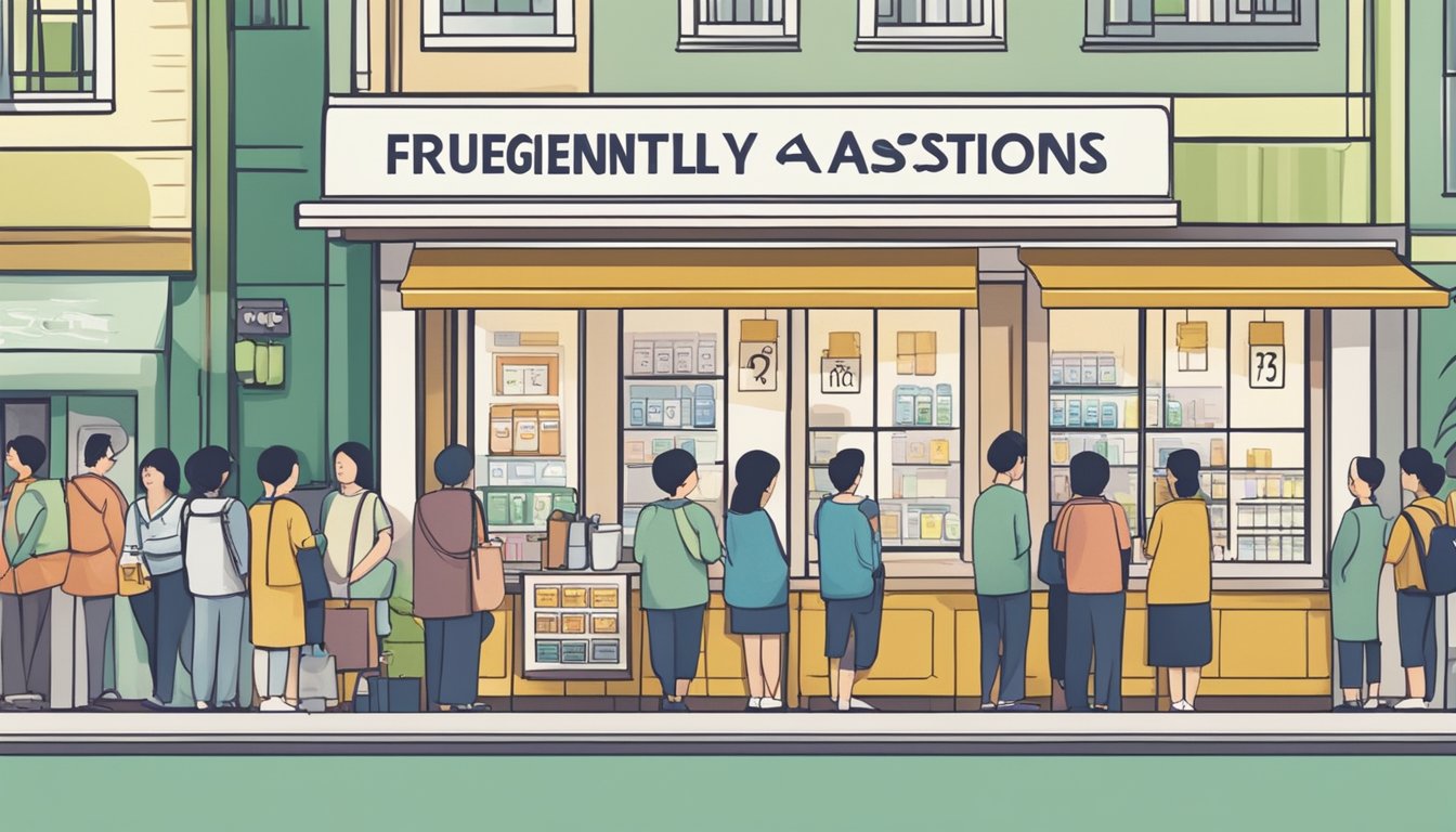 People lining up at a homeopathic medicine store in Singapore, with a sign displaying "Frequently Asked Questions" prominently