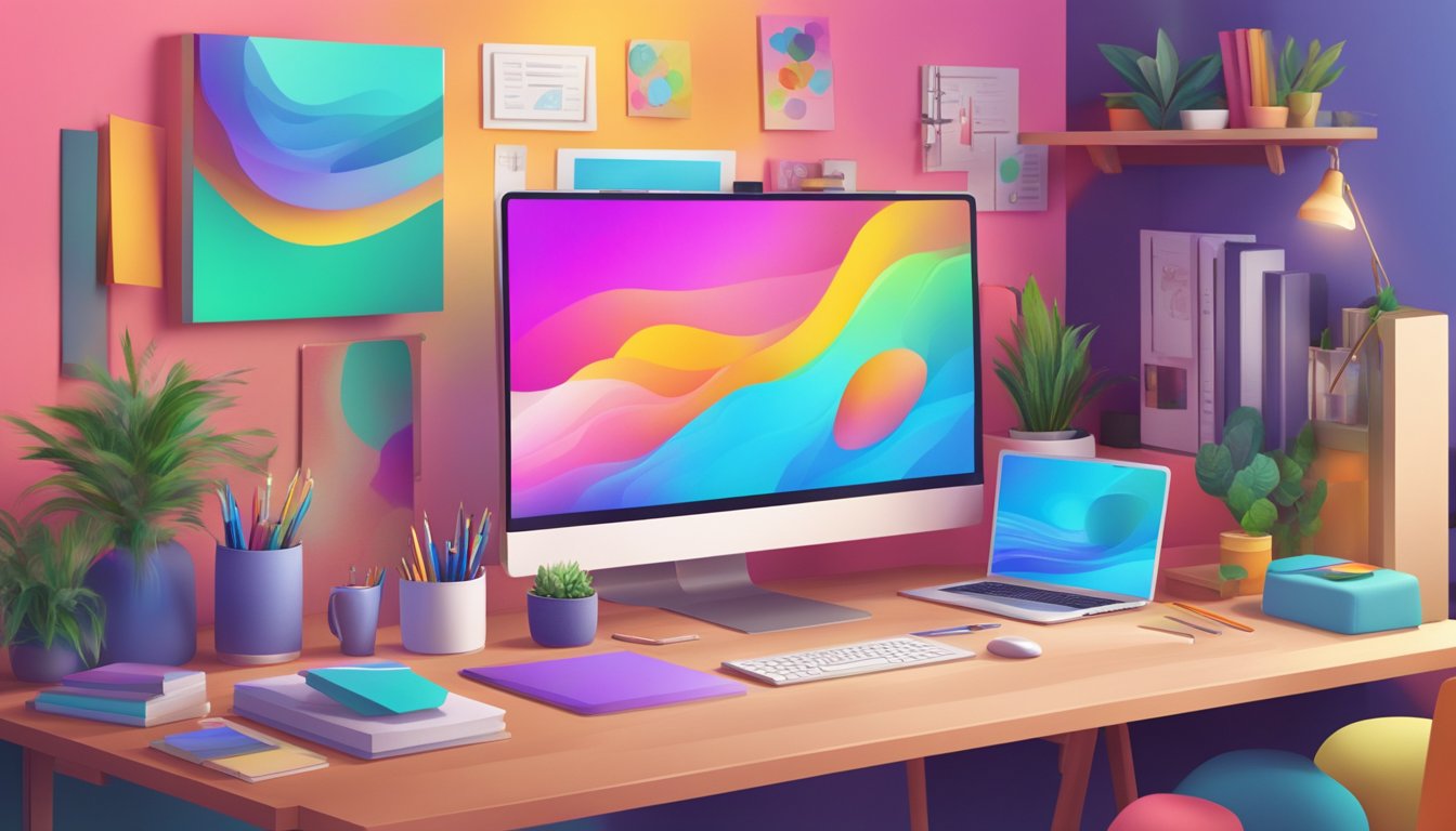 A vibrant digital workspace with a sleek computer, colorful art supplies, and a variety of high-quality imagery displayed on the screen