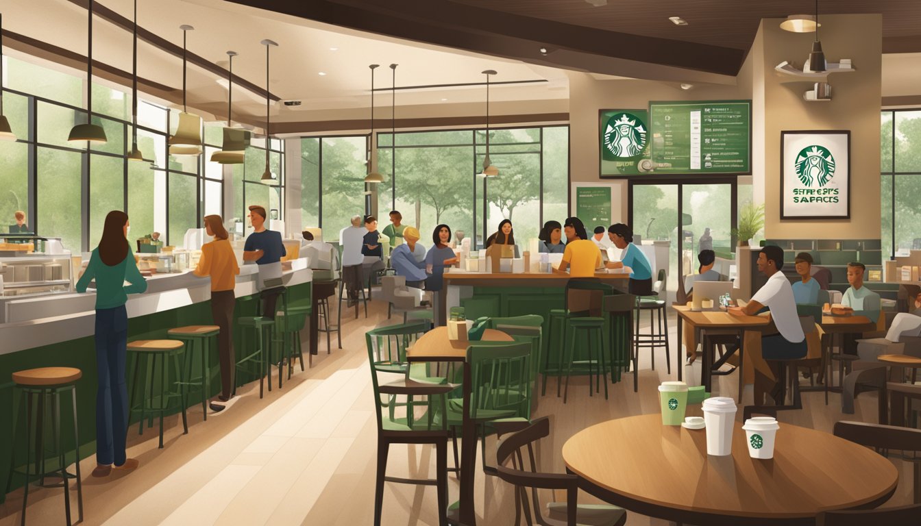 A bustling Starbucks store with a warm, inviting atmosphere. The aroma of freshly brewed coffee fills the air as customers chat and enjoy their drinks. The iconic green and white logo is prominently displayed, creating a sense of familiarity and comfort