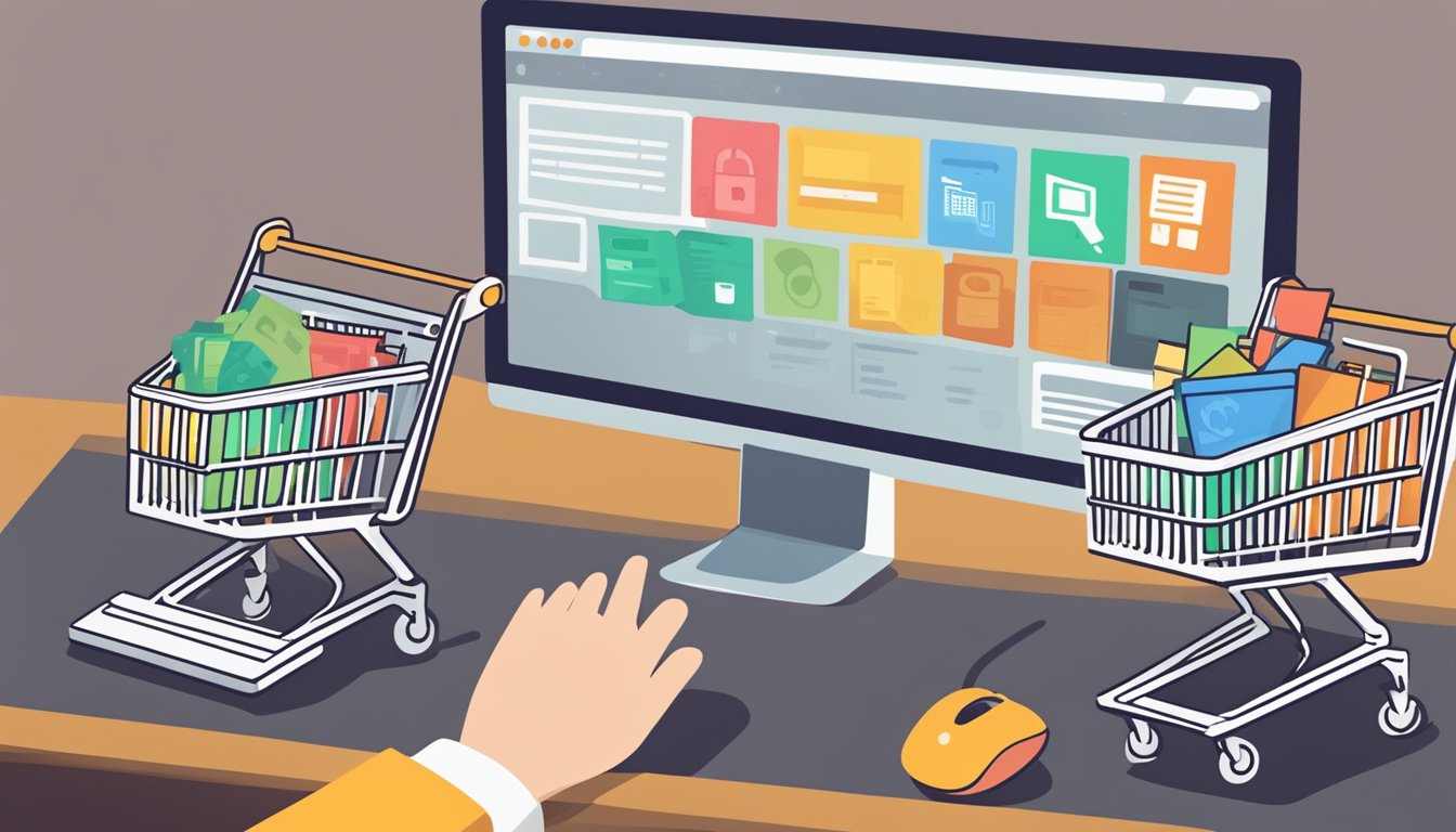 A computer screen with a search bar, "buy images online cheap" typed in. A hand reaching for a mouse. Icons of FAQ and shopping cart visible on the screen